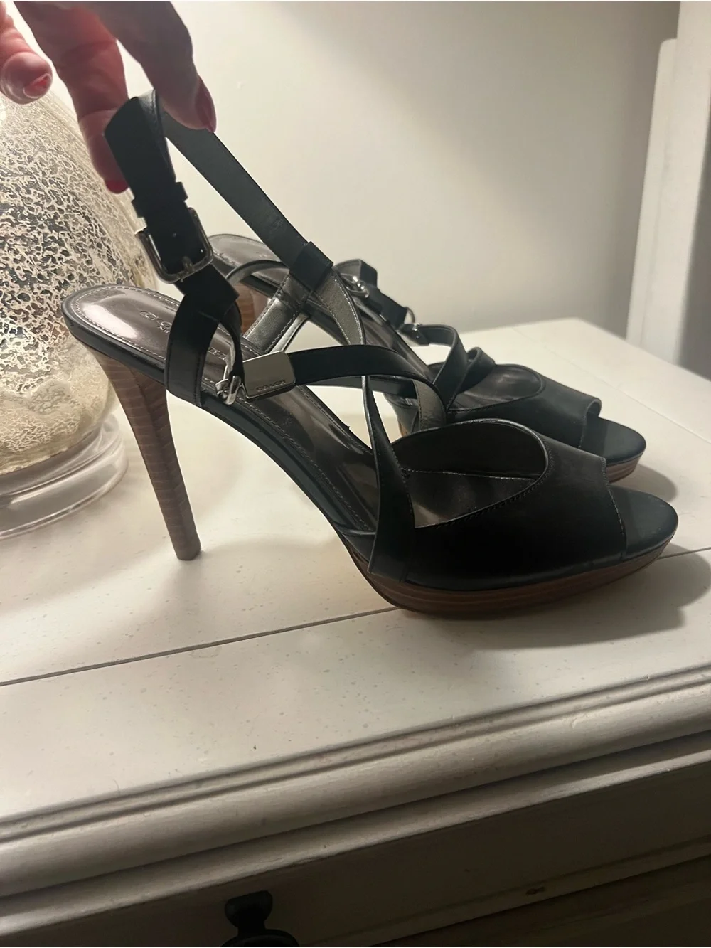 Coach Black Leather Strappy High Heel Sandal with Wood-Effect Heel